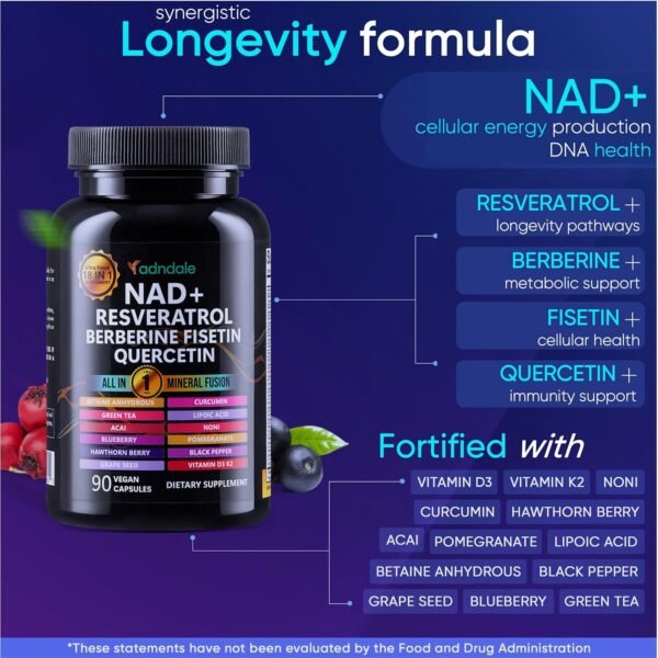 NAD Supplement. Longevity Formula with Liposomal NAD+, Trans Resveratrol, Quercetin, Berberine, Betaine Anhydrous, Grape Seed, Fisetin. NAD Resveratrol Supplement with Berberine 90 Capsules.
