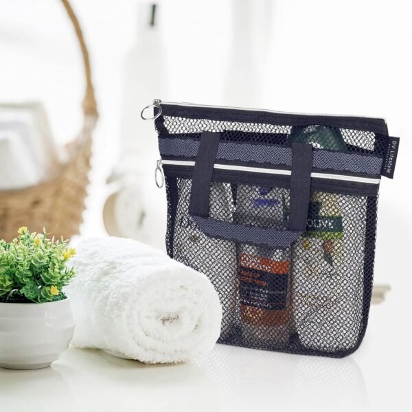 Mesh Shower Bag 10.2x9.9'' Quick-Dry Caddy with Zipper & 2 Pockets. Portable Toiletry Tote for Bathroom, Gym, Travel, Camp, Beach, for Sunscreen, Dorm & College Essentials (Black)