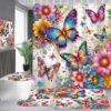 4-Piece Butterfly Floral Shower Curtain Set Colorful Butterfly Bathroom Set with Shower Curtain and Rugs, High-End Design Bath Curtain with Hooks for Home Decor