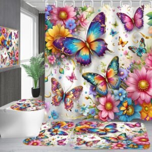 4-Piece Butterfly Floral Shower Curtain Set Colorful Butterfly Bathroom Set with Shower Curtain and Rugs, High-End Design Bath Curtain with Hooks for Home Decor