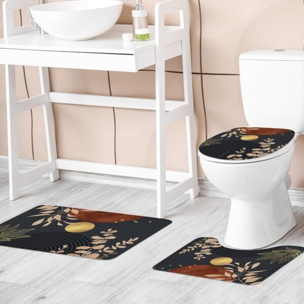 Riyidecor Mid Century Boho 4Pcs Bathroom Shower Curtain Sets Abstract Aesthetic Sun Modern Bathroom Decor Set with Rugs and Accessories Minimalist Toilet Lid Rug, Contour and Bath Mat with 12 Hooks