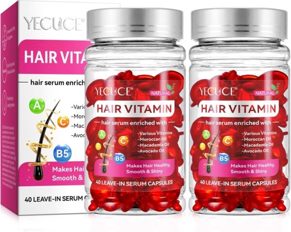 Hair Treatment Serum - Hair Vitamin Serum Capsule - Hair Styling Serum with Vitamins A C E Pro B5 - No Rinse with Moroccan, Macadamia & Avocado Oil for Women & Men - 40 Capsules(2 Pack), Red