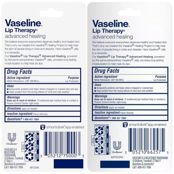 Vaseline Lip Therapy Advanced Healing 3-Pack – White Petroleum Moisturizing Lip Balm for Extremely Dry Lips, 0.35 Oz Ea