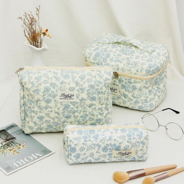 81zWMEaY51L._AC_SL1500_.jpg kingkiss Makeup Bag, Quilted Cosmetic Bag, Large Capacity Make Up Bag for Women, Cute Floral Storage Toiletry Bag Travel Storage Makeup Bag (Blue Flower)