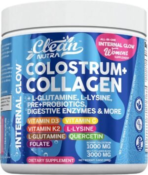 Bovine Colostrum+Collagen Peptides Powder| L-Glutamine L-Lysine Prebiotics Probiotics Digestive Enzymes Vitamin D K2 Vitamin C Quercetin & Folate|Gut Health Supplement Internal Glow By Clean Nutra (1)