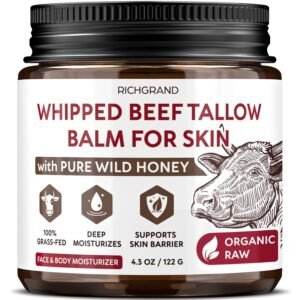 Beef Tallow for Skin – Whipped Tallow and Honey Balm with Grass-Fed Beef Tallow – Organic Daily Tallow Face Moisturizer & Body Balm – Deep Nourishment for Dry, Cracked, Sensitive Skin - 4.3 OZ