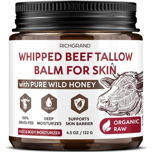 Beef Tallow for Skin – Whipped Tallow and Honey Balm with Grass-Fed Beef Tallow – Organic Daily Tallow Face Moisturizer & Body Balm – Deep Nourishment for Dry, Cracked, Sensitive Skin - 4.3 OZ