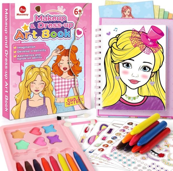 Mocoosy Makeup Craft Kit for Girls Ages 6-8, Pretend Makeup Activity Book with Stickers, Mess-Free Dress-Up Art Crafts, Travel Game Car Road Trip Airplane Toy Birthday Gifts for 4 7 9 10 12 Years Old