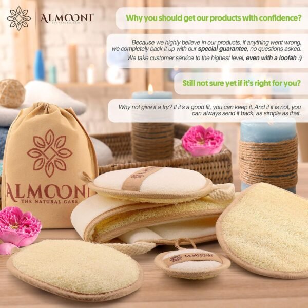 916ay9V93NL._AC_SL1500_.jpg Almooni Natural Loofah Exfoliating Body Scrubber, Made with Natural Egyptian Shower Loofah Sponge, Bath Shower Loofah Sponge for Women and Men, for Face and Body That Gets You Clean - 2 Count (1 Pack)