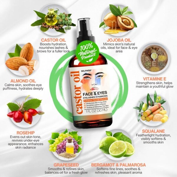 918Tvg8Tz1L._SL1500_.jpg Organic Castor Oil For Face Moisturizer, Eyes, Eyelashes, Eyebrows, Wrinkles with Jojoba, Rosehip, Grapeseed, Squalane, Palmarosa, Bergamot and Vitamin E for Gentle Skin, Men & Women 1oz