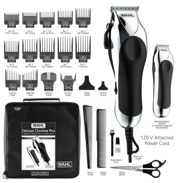 91BrjDZ44SL._SL1500_.jpg Wahl Clipper USA Deluxe Corded Chrome Pro, Complete Hair and Trimming Kit, Includes Corded Clipper, Cordless Battery Trimmer, and Styling Shears, for a Cut Every Time - Model 79524-5201M