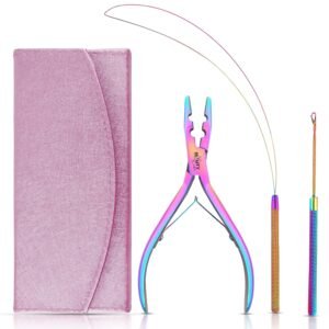 91Cg-LVG98L._SL1500_.jpg Beauty & Crafts Micro Links Hair Extensions Kit- Stainless Steel Beads Plier, Hair Extensions Loop Needle Pulling Hook, Bead Device Tool for Hair or Feather Extensions with Leather Pouch (Rainbow)