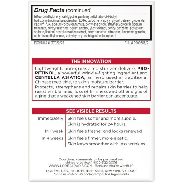 L'Oréal Paris Revitalift Anti-Wrinkle and Firming Face Moisturizer with SPF 25, Pro-Retinol and Centella Asiatica, Paraben Free, 1.7 oz (Packaging may vary)