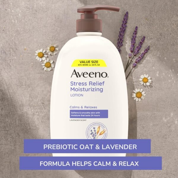 91Fiou-i5zL._SL1500_.jpg Aveeno Stress Relief Moisturizing Body Lotion 33 Fl Oz, Lavender Scent with Prebiotic Oat, Hydrating 24-Hour Moisturizer Non-Greasy for Dry Sensitive Skin, Paraben & Dye Free, Calming & Relaxing