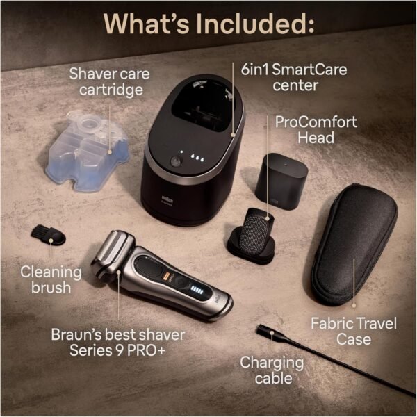 91GgfrnvwSL._AC_SL1500_.jpg Braun Series 9 PRO+ Electric Razor for Men, 5 Pro Shaving Elements and Shave-Preparing ProComfort Head for Closeness & Skin Comfort, 6in1 SmartCare Center, Wet or Dry Use, Charging Stand, 9597cc