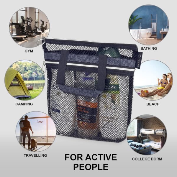 Mesh Shower Bag 10.2x9.9'' Quick-Dry Caddy with Zipper & 2 Pockets. Portable Toiletry Tote for Bathroom, Gym, Travel, Camp, Beach, for Sunscreen, Dorm & College Essentials (Black)