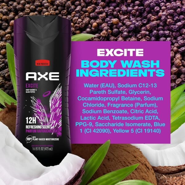AXE Body Wash 12h Refreshing Scent Excite Crisp Coconut & Black Pepper Men's Body Wash with 100% Plant-Based Moisturizers 16 oz 4 Pack