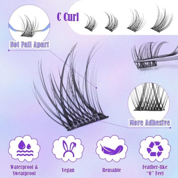91LYVUCyyKL._SL1500_.jpg ALICE Self Adhesive Lashes Natural Look Clusters No Glue Needed Wispy Reusable Press on Lashes Pre-Glue 8-14mm 120pcs C Curl With Lash Tweezers