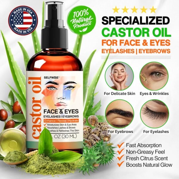 91Mcv8LTFML._SL1500_.jpg Organic Castor Oil For Face Moisturizer, Eyes, Eyelashes, Eyebrows, Wrinkles with Jojoba, Rosehip, Grapeseed, Squalane, Palmarosa, Bergamot and Vitamin E for Gentle Skin, Men & Women 1oz