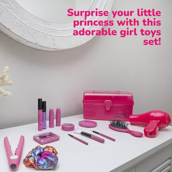 PixieCrush Kids Makeup Kit - Play Hair Styling and Pretend Beauty Set with Hair Dryer and Flat Iron - Fake Makeup for Girls Ages 3-10 - Comes in a Pink Carrying Case