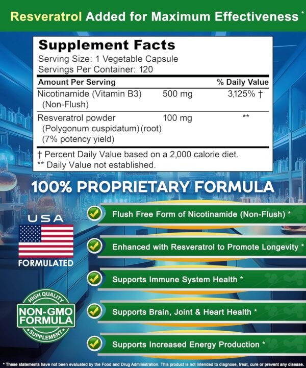91NH4G66jpL._AC_SL1500_.jpg aSquared Nutrition Nicotinamide with Resveratrol - 120 Veggie Capsules - Vitamin B3 500mg (Niacinamide Flush Free) - Supplement Pills to Support NAD, Skin Cell Health & Energy