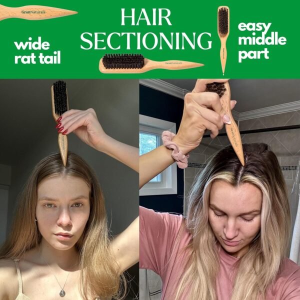 91O4pqy1rPL._SL1500_.jpg GranNaturals Boar Bristle Slick Back Hair Brush for Sleek Ponytail Bun & Smoothing Baby Hairs, Flyaways, Edge Control - Backcombing & Teasing Hairbrush with Wide Rat Tail for Sectioning & Parting