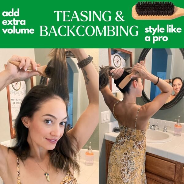 91Q9razeF5L._SL1500_.jpg GranNaturals Boar Bristle Slick Back Hair Brush for Sleek Ponytail Bun & Smoothing Baby Hairs, Flyaways, Edge Control - Backcombing & Teasing Hairbrush with Wide Rat Tail for Sectioning & Parting