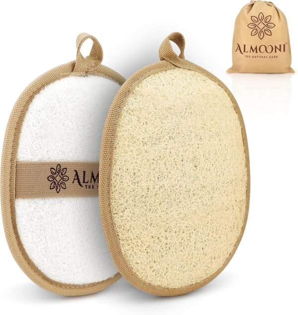 91QgpeMGqlL._AC_SL1500_.jpg Almooni Natural Loofah Exfoliating Body Scrubber, Made with Natural Egyptian Shower Loofah Sponge, Bath Shower Loofah Sponge for Women and Men, for Face and Body That Gets You Clean - 2 Count (1 Pack)