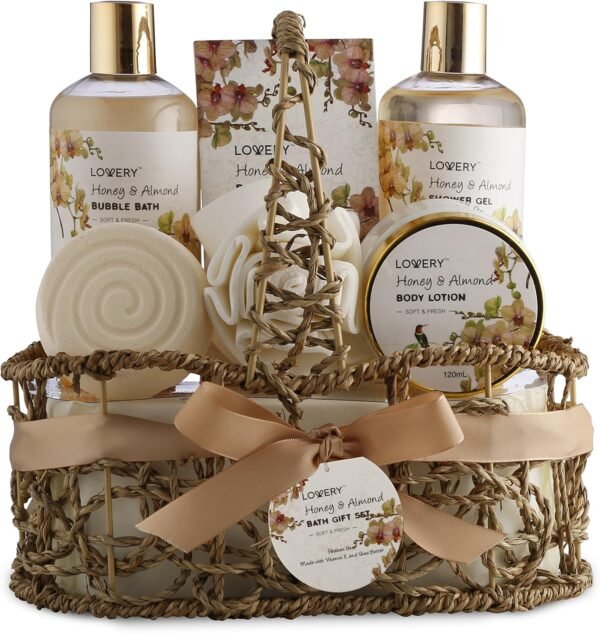 Womens Gifts, Gift Baskets for Women Who Have Everything, Home Spa Honey & Almond Scent, Luxury Bath & Body Set - Shower Gel, Bubble Bath, Body Lotion, Salts, Bath Bomb, Bath Puff & Handmade Basket