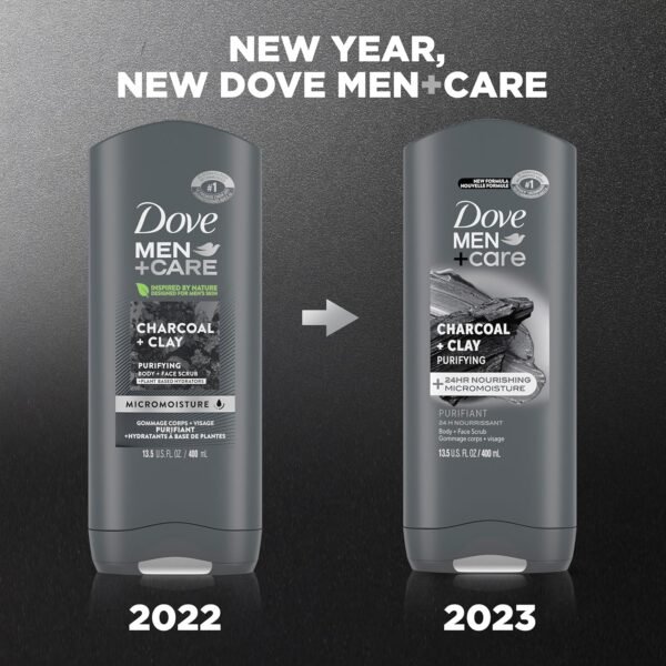 DOVE MEN + CARE Purifying Charcoal + Clay Body and Face Wash with 24-Hour Nourishing Micromoisture Technology Body Wash for Men, 13.5 oz
