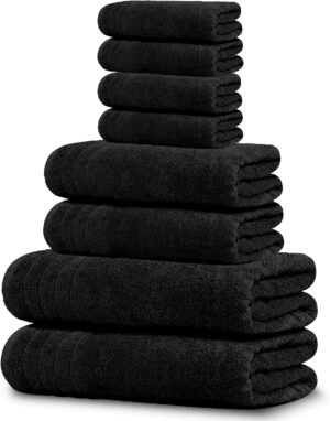 Tens Towels Pack of 8 Towels Set, 2 Extra Large Bath, 2 Hand, 4 Washcloths, 100% Cotton, Lighter Weight, Quicker to Dry, Super Absorbent, Perfect for Bathroom, Black