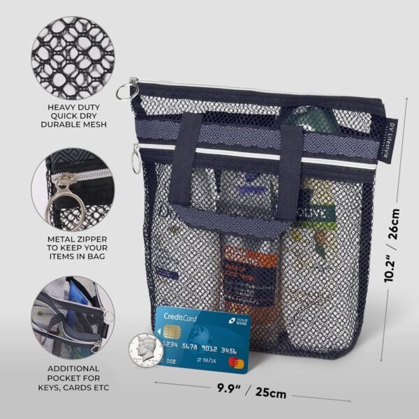 Mesh Shower Bag 10.2x9.9'' Quick-Dry Caddy with Zipper & 2 Pockets. Portable Toiletry Tote for Bathroom, Gym, Travel, Camp, Beach, for Sunscreen, Dorm & College Essentials (Black)