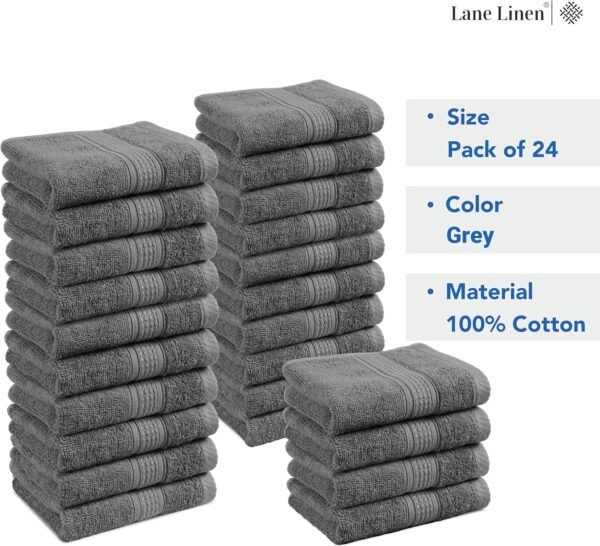 LANE LINEN Pack of 24 Washcloths Set - Spa & Salon Quality - 100% Mercerized Cotton Face Towels - Ring Spun, Very Soft & Absorbent Wash Cloths for Showering - Fingertip Towels - 13"x13", Space Grey