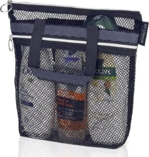 Mesh Shower Bag 10.2x9.9'' Quick-Dry Caddy with Zipper & 2 Pockets. Portable Toiletry Tote for Bathroom, Gym, Travel, Camp, Beach, for Sunscreen, Dorm & College Essentials (Black)