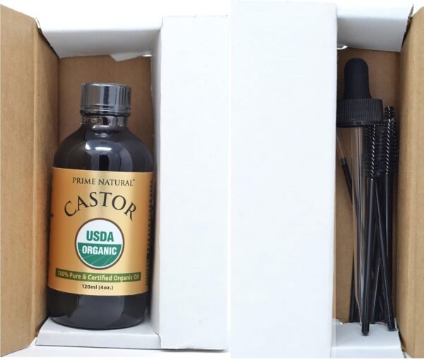 91fGiKjPzyL._SL1500_.jpg PRIME NATURAL Organic Castor Oil (4oz / 120ml) - USDA Certified Organic, Pure, Cold Pressed, Thick, Hexane Free - Stimulate Growth for Eyelashes, Eyebrows, Hair, Skin Moisturizer