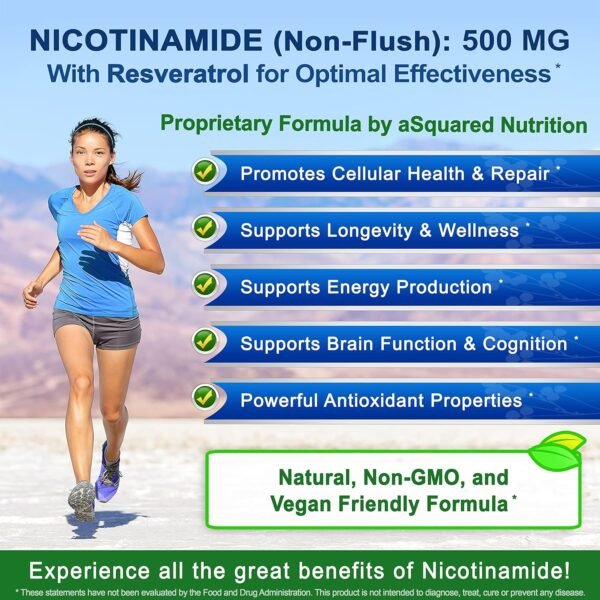 91hATYLLxRL._AC_SL1500_.jpg aSquared Nutrition Nicotinamide with Resveratrol - 120 Veggie Capsules - Vitamin B3 500mg (Niacinamide Flush Free) - Supplement Pills to Support NAD, Skin Cell Health & Energy