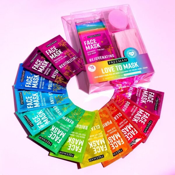 Freeman Facial Love To Mask Variety Pack: Oil Absorbing Clay, Detoxifying Charcoal, Clearing Peel Off, Hydrating Gel Cream, Exfoliating Scrub (14 Piece Kit with Bonus Buffer and Headband)