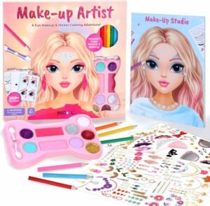 BSCOOL Make-up Artist. 3 in 1 Fun Makeup, Sticker, Coloring Kit, Includes Color Pencils, Makeup Palette, and 200+ Stickers. for Girls Ages 5,6,7,8. Gift for Girls