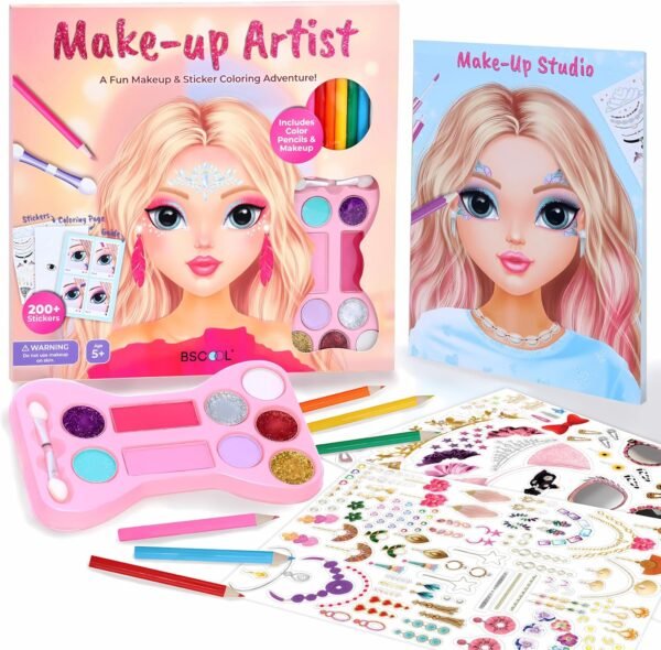 BSCOOL Make-up Artist. 3 in 1 Fun Makeup, Sticker, Coloring Kit, Includes Color Pencils, Makeup Palette, and 200+ Stickers. for Girls Ages 5,6,7,8. Gift for Girls