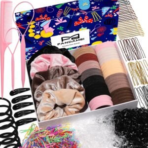 91mKPRSIowL._SL1500_.jpg FANDAMEI Hair Ties Kit for Women, Velvet Scrunchies, Elastic Rubber Bands, Seamless Hair Ties, Hair Clips, Bobby Pins, U Shaped Hair Pins for Styling, Hair Accessories Kit