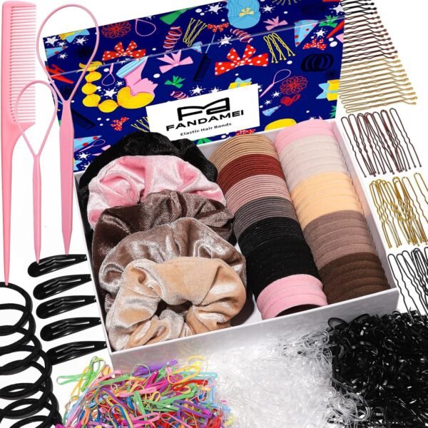 91mKPRSIowL._SL1500_.jpg FANDAMEI Hair Ties Kit for Women, Velvet Scrunchies, Elastic Rubber Bands, Seamless Hair Ties, Hair Clips, Bobby Pins, U Shaped Hair Pins for Styling, Hair Accessories Kit