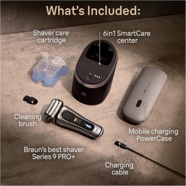 91nAiReJ0L._AC_SL1500_.jpg Braun Series 9 PRO+ 9577cc Electric Razor for Men, 5 Pro Shave Elements & Precision Long Hair Trimmer, 6in1 SmartCare Center, PowerCase for Mobile Charging, Wet & Dry, 60min Battery Runtime