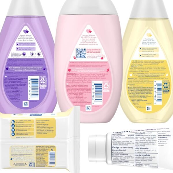 Johnson's Baby Here Comes Baby Gift Set, Baby Essentials for New Parents with Moisturizing Lotion, Bedtime Bath, Body Wash & Shampoo, Hand & Face Wipes, & Diaper Rash Cream, 5 Items