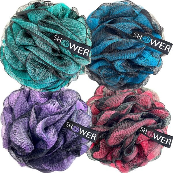 SHOWER BOUQUET Loofah-Charcoal Bath-Sponge XL-Color-4-Pack // Extra Large 75g Soft Mesh Black Luffa Loofa Loufa Puff Set/Exfoliating Body Scrubber for Women and Men - Exfoliate & Soothe Face & Body