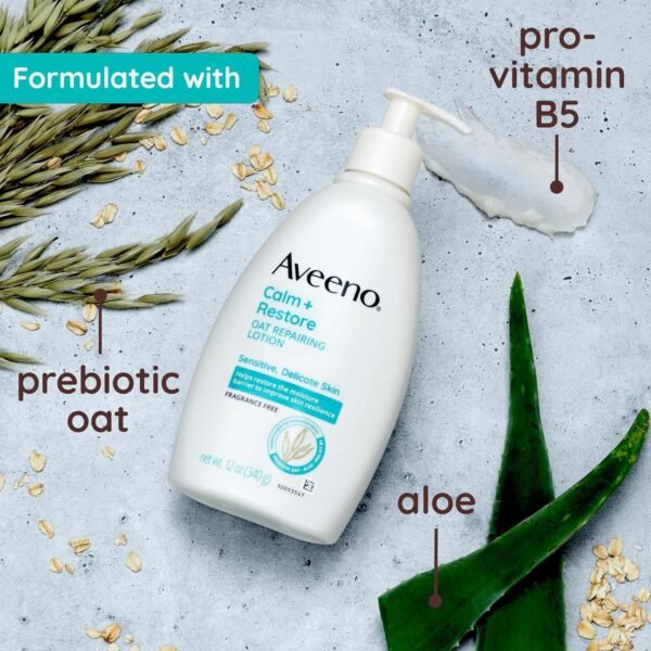 91sEXZCypSL._SL1500_.jpg Aveeno Calm + Restore Oat Repairing Body Lotion for Sensitive Skin, Daily Moisturizer with Prebiotic Oat, Aloe & Pro-Vitamin B5 Helps Restore Skin's Moisture Barrier, Fragrance Free, 12 oz