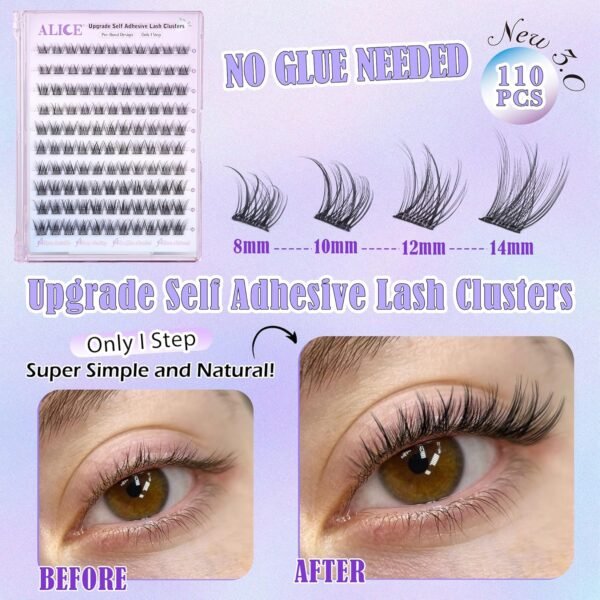 91sq799ZZiL._SL1500_.jpg ALICE Self Adhesive Lashes Natural Look Clusters No Glue Needed Wispy Reusable Press on Lashes Pre-Glue 8-14mm 120pcs C Curl With Lash Tweezers
