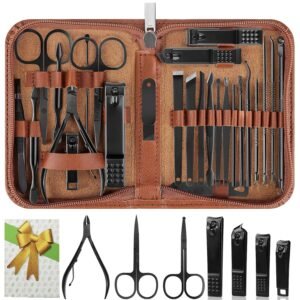 Nail Clippers Set, 26 Piece Manicure Set & Pedicure Kit, Stainless Steel Fingernail & Toenail Clipper Cutters, Professional Nail Care Tools with Luxurious Travel Case for Men and Women, Brown
