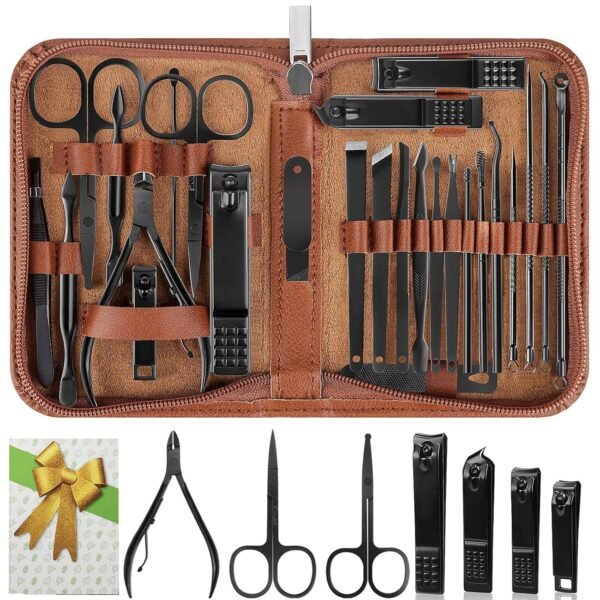 Nail Clippers Set, 26 Piece Manicure Set & Pedicure Kit, Stainless Steel Fingernail & Toenail Clipper Cutters, Professional Nail Care Tools with Luxurious Travel Case for Men and Women, Brown