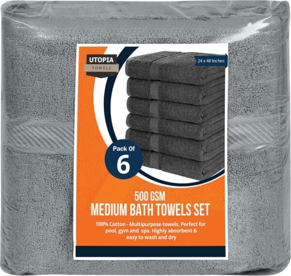 Utopia Towels 6 Pack Medium Bath Towel Set, 24 by 48 Inches, 500 GSM 100% Ring Spun Cotton, Lightweight and Highly Absorbent Quick Drying Premium Towels for Hotel, Spa and Bathroom, Cool Grey