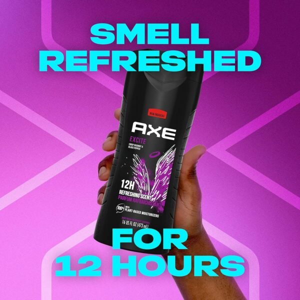 AXE Body Wash 12h Refreshing Scent Excite Crisp Coconut & Black Pepper Men's Body Wash with 100% Plant-Based Moisturizers 16 oz 4 Pack